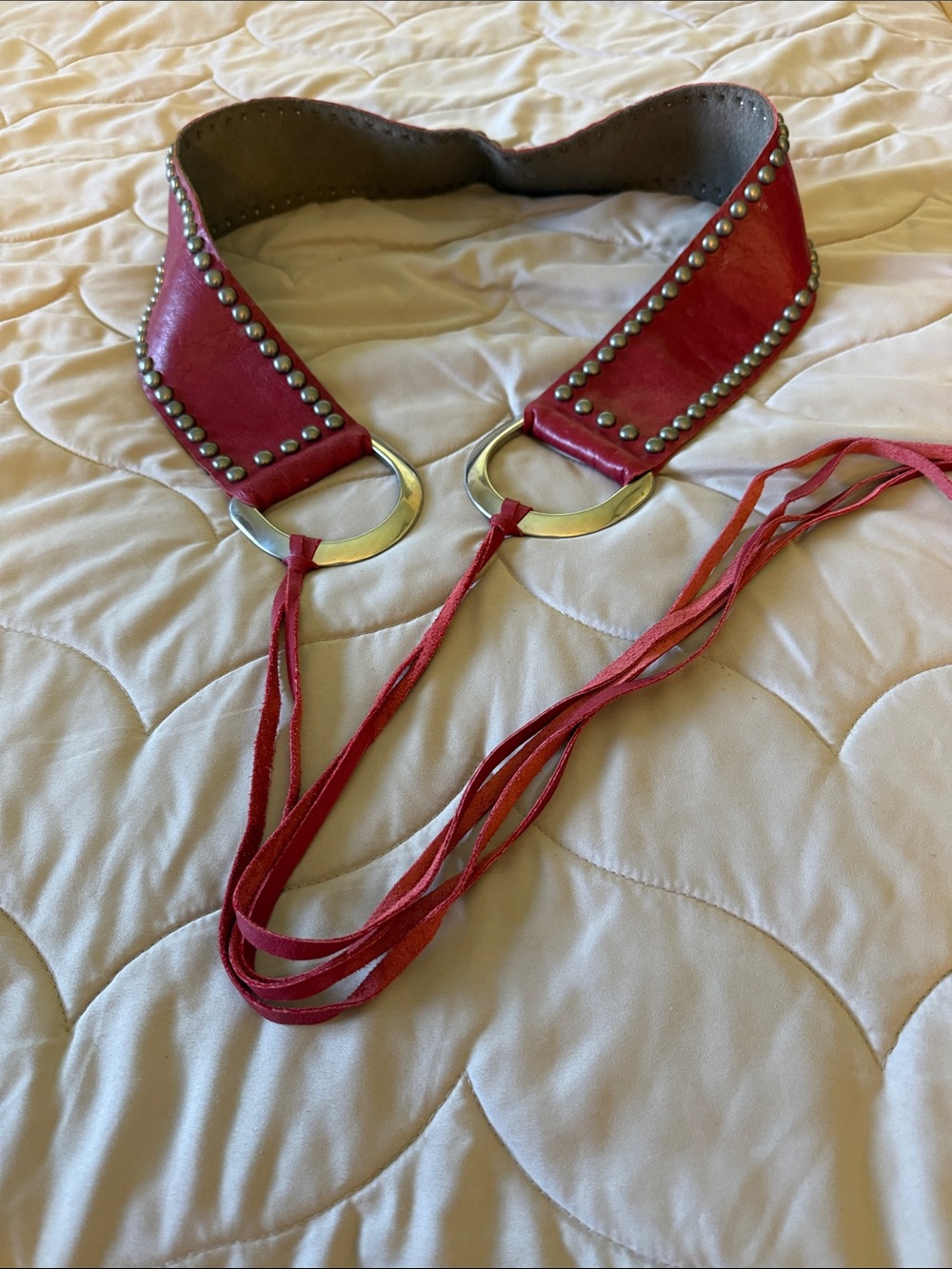 Dark Red Studded Leather Tie Belt